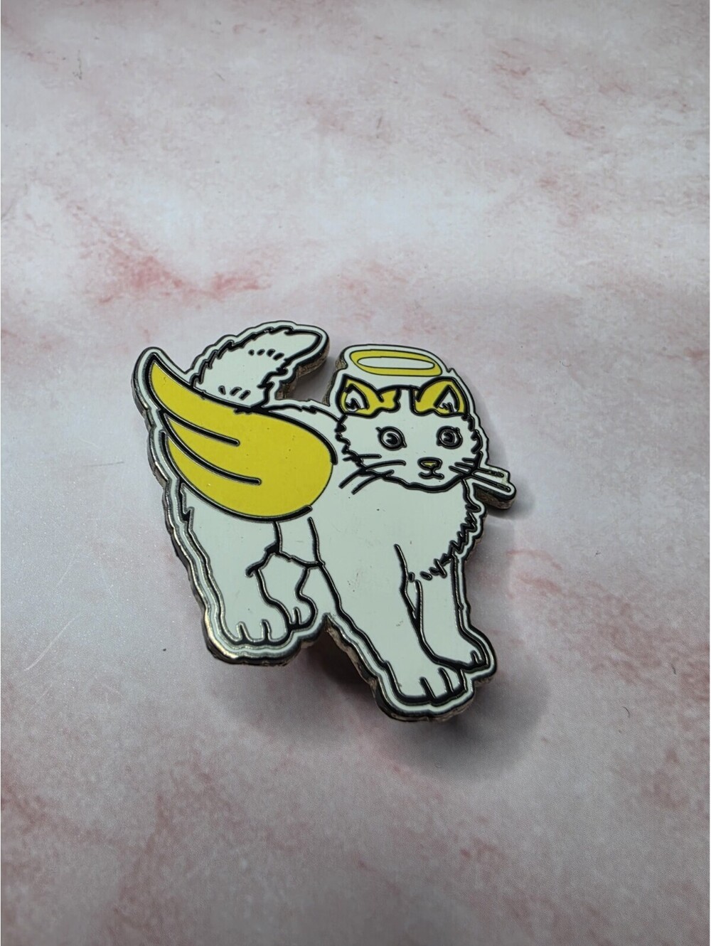 White Angel Cat Enamel Pin Yellow Wings Halo Cute Kitten Lapel Badge